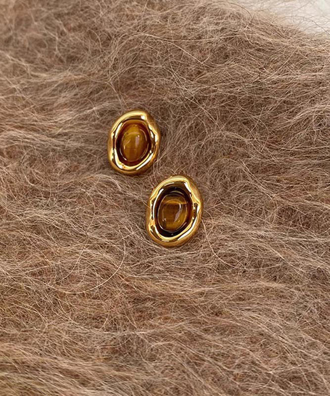 Retro Brown Copper Overgild Tiger's Eye Stud Earrings