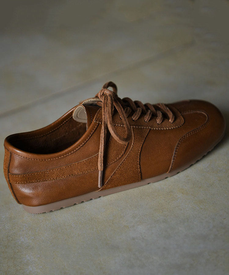Retro Brown Cowhide Leather Splicing Flat Feet Shoes Lace Up