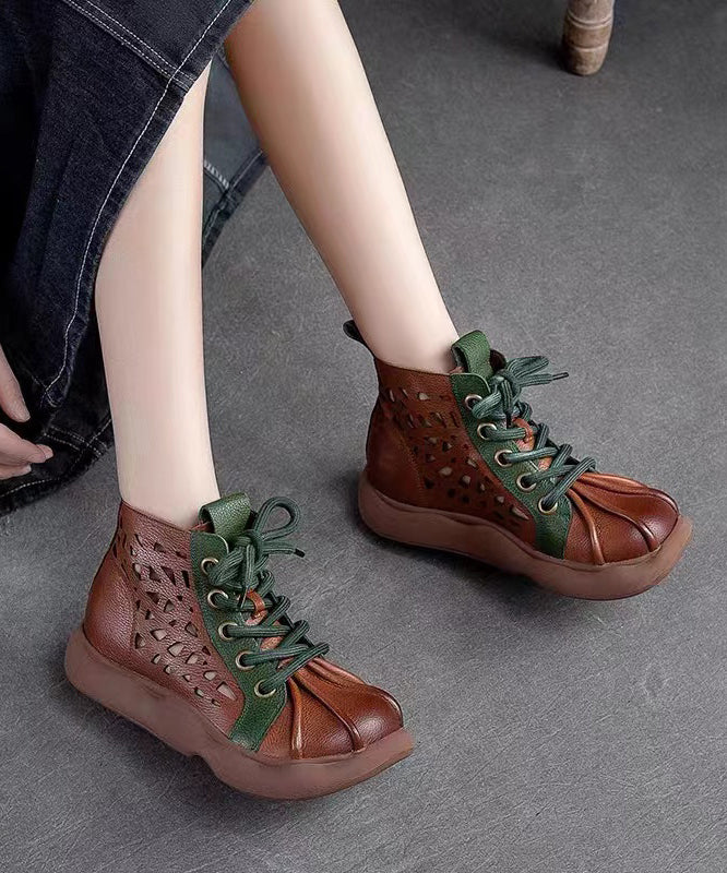 Retro Brown Cowhide Leather Splicing Lace Up Boots