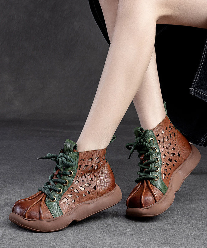 Retro Brown Cowhide Leather Splicing Lace Up Boots
