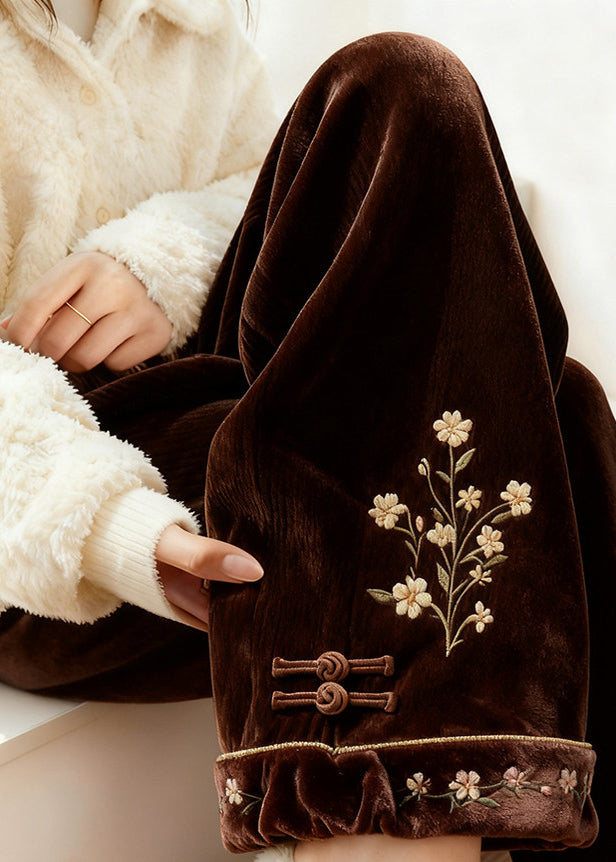Retro Brown Embroidered Elastic Waist Silk Velvet Fleece Pants Spring