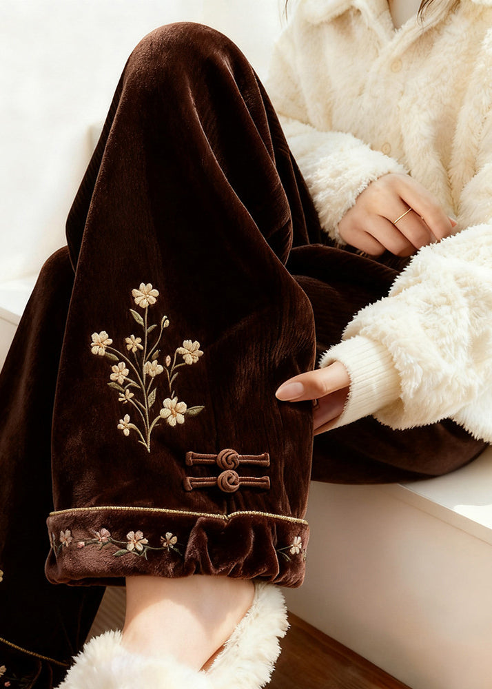 Retro Brown Embroidered Elastic Waist Silk Velvet Fleece Pants Spring