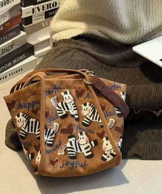 Retro Brown Little Zebra Appliqued Velour Shoulder Bags