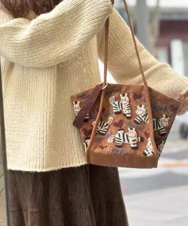 Retro Brown Little Zebra Appliqued Velour Shoulder Bags