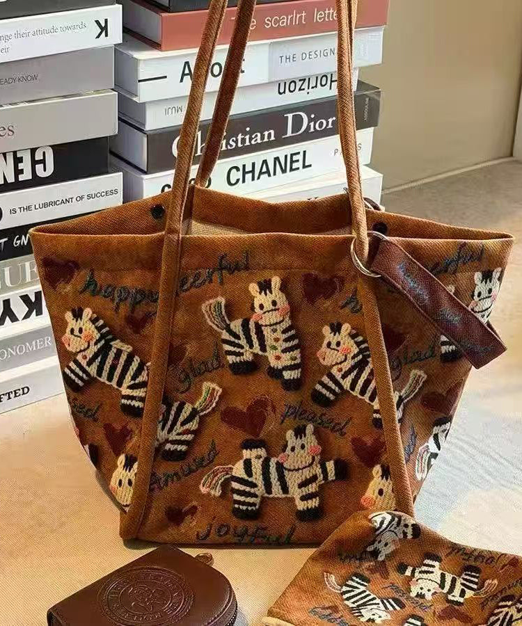 Retro Brown Little Zebra Appliqued Velour Shoulder Bags