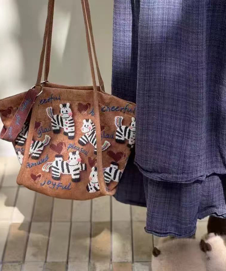 Retro Brown Little Zebra Appliqued Velour Shoulder Bags