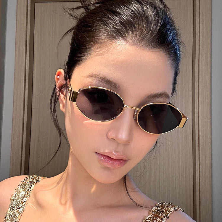 Retro Brown Metal Oval Concave Shaped Sunglasses