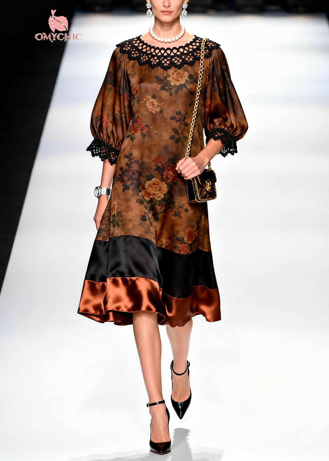 Retro Brown O-Neck Lace Patchwork Print Silk Dresses Summer