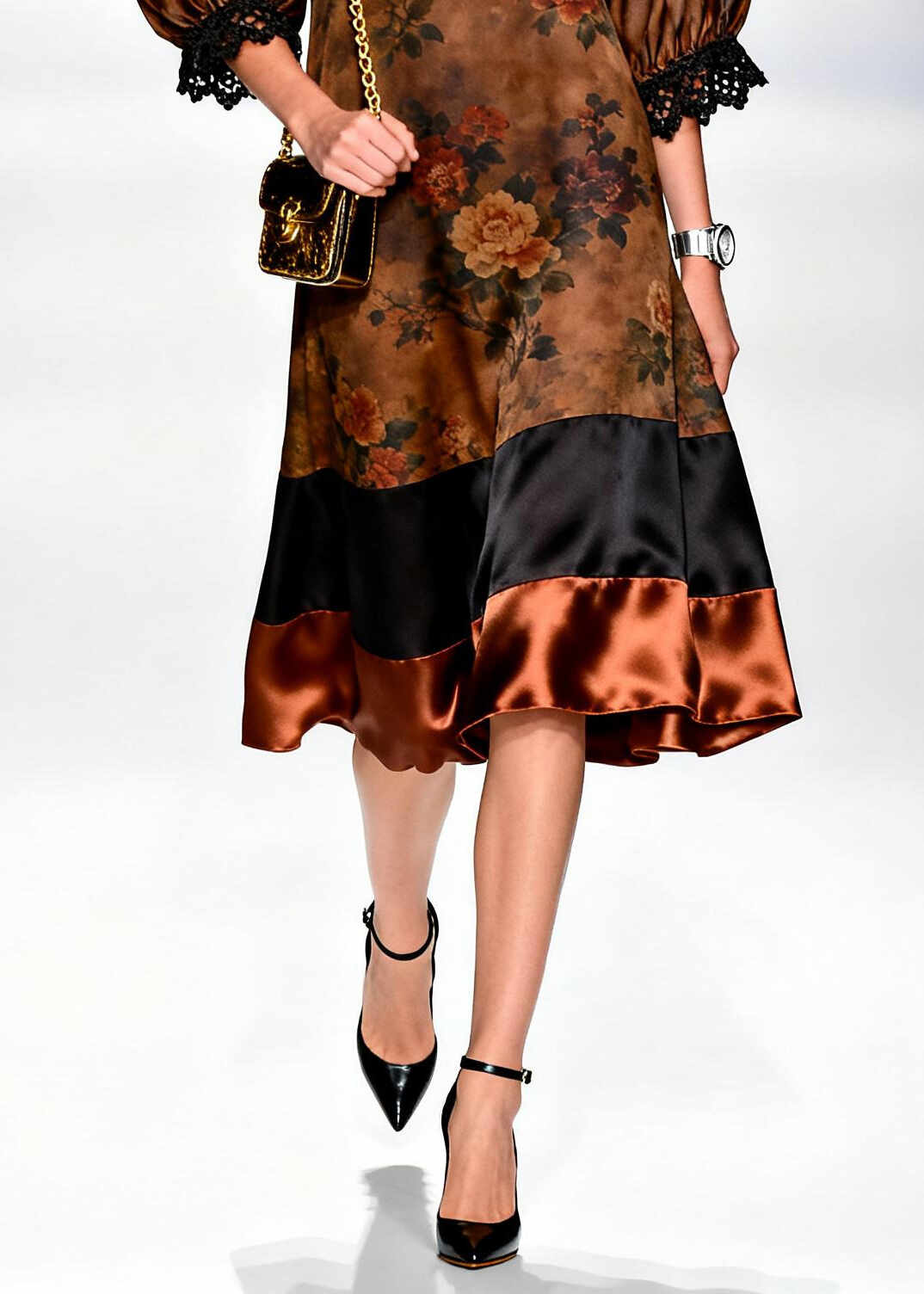 Retro Brown O-Neck Lace Patchwork Print Silk Dresses Summer