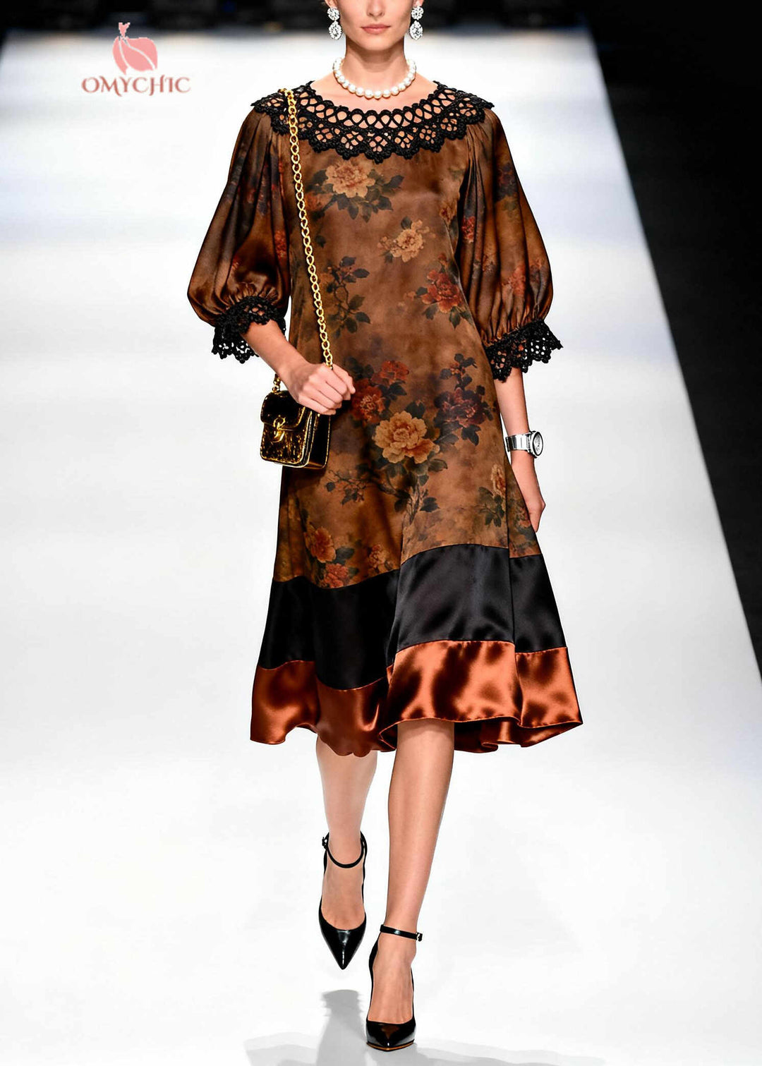 Retro Brown O-Neck Lace Patchwork Print Silk Dresses Summer