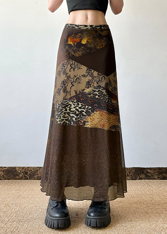 Retro Brown Print High Waist Patchwork Tulle Skirt Summer