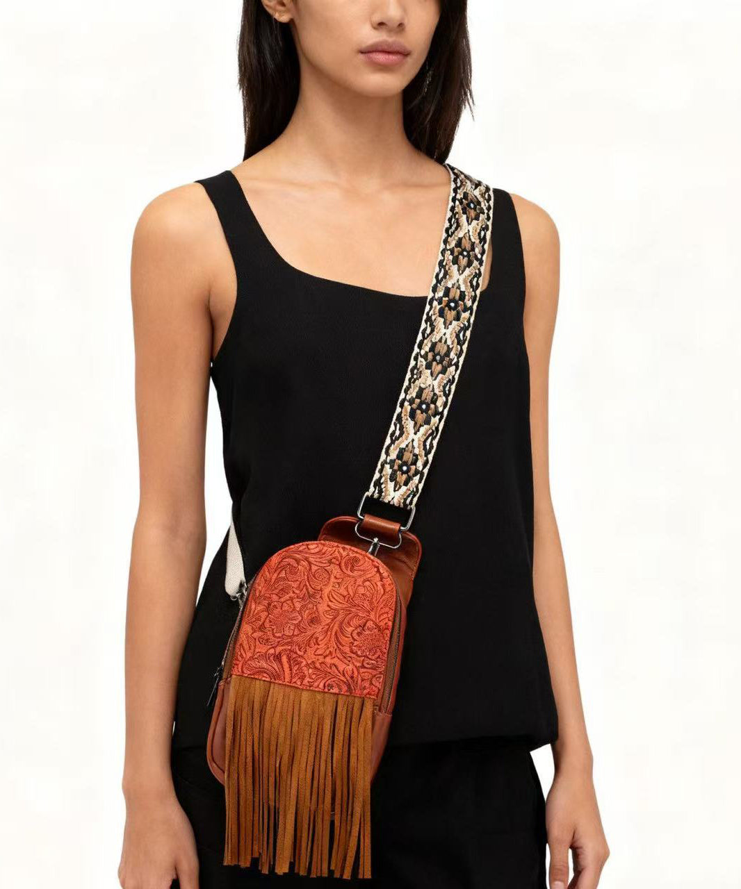 Retro Brown Tasseled Patchwork Embossing Faux Leather Mini Handbag