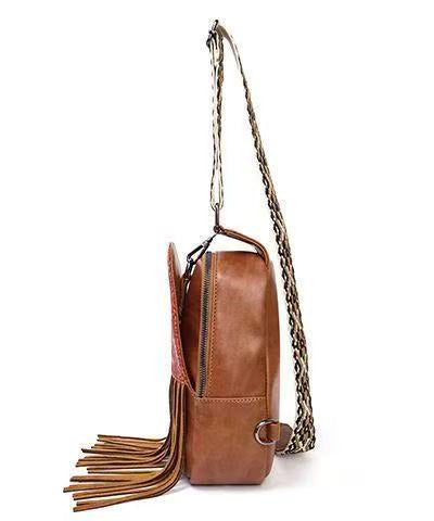 Retro Brown Tasseled Patchwork Embossing Faux Leather Mini Handbag