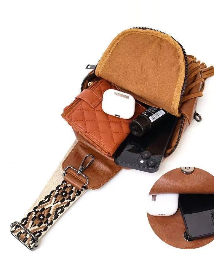 Retro Brown Tasseled Patchwork Embossing Faux Leather Mini Handbag