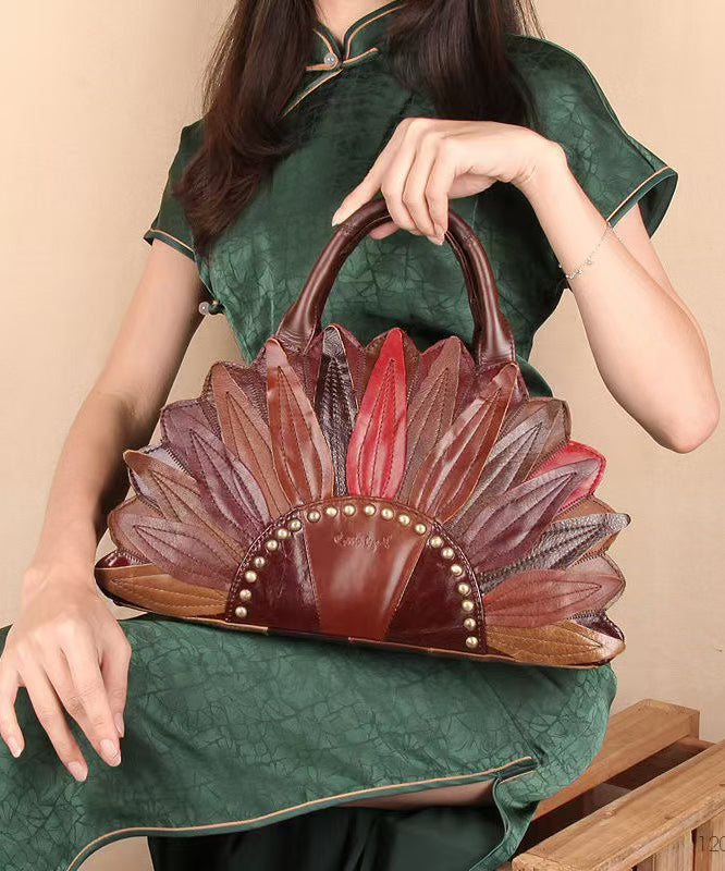 Retro Calf Leather Floral Patchwork Rivet Tote Bag