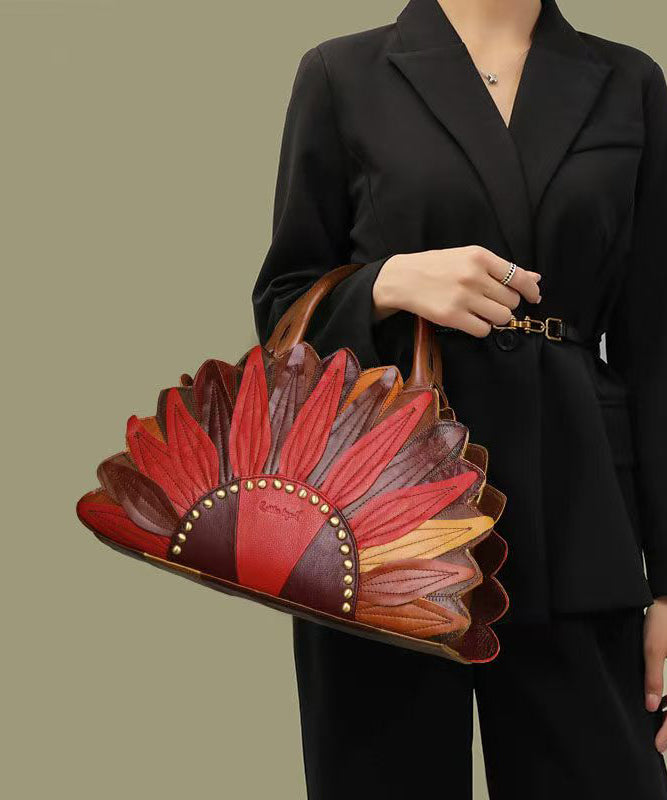 Retro Calf Leather Floral Patchwork Rivet Tote Bag