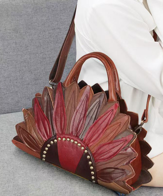 Retro Calf Leather Floral Patchwork Rivet Tote Bag