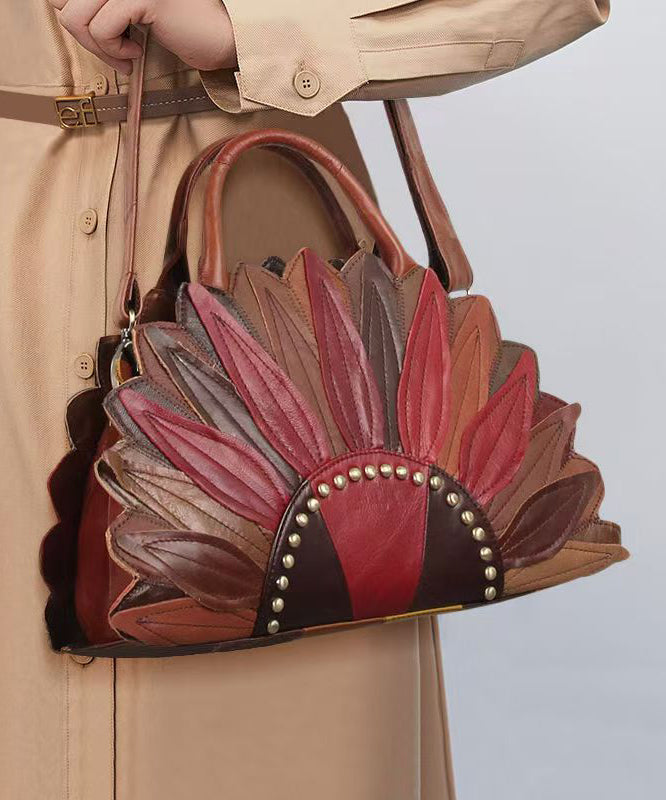 Retro Calf Leather Floral Patchwork Rivet Tote Bag