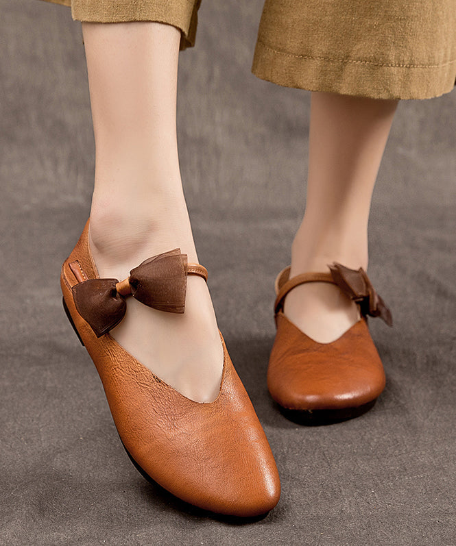 Retro Coffee Cowhide Leather Comfy Flat Feet Shoes