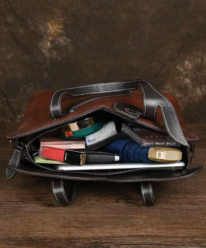 Retro Coffee Solid Durable Large Capacity Calf Leather Tote Bag