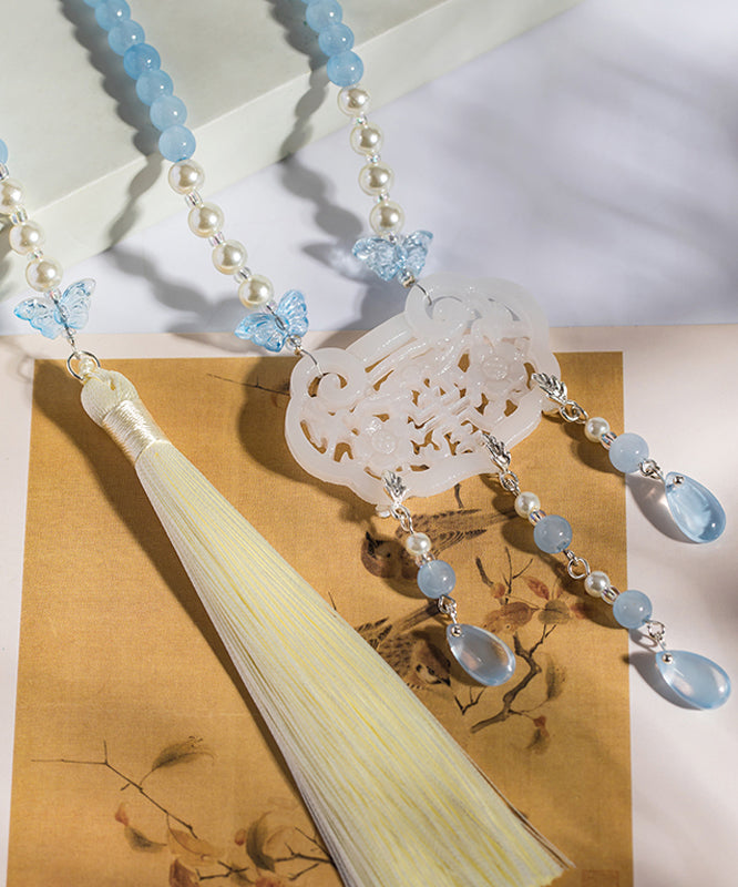 Retro Colorblock Copper Overgild Pearl Colored Glaze Resin Tassel Pendant Necklace