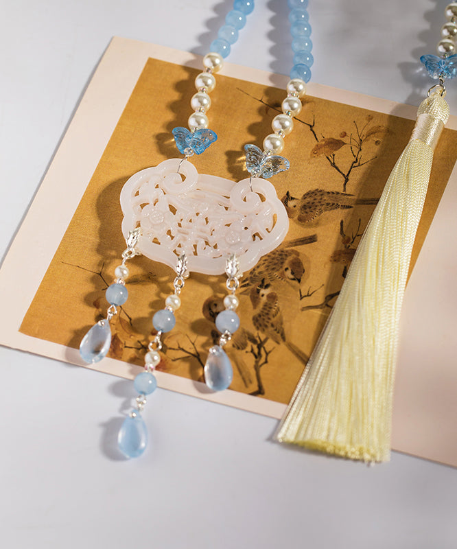 Retro Colorblock Copper Overgild Pearl Colored Glaze Resin Tassel Pendant Necklace
