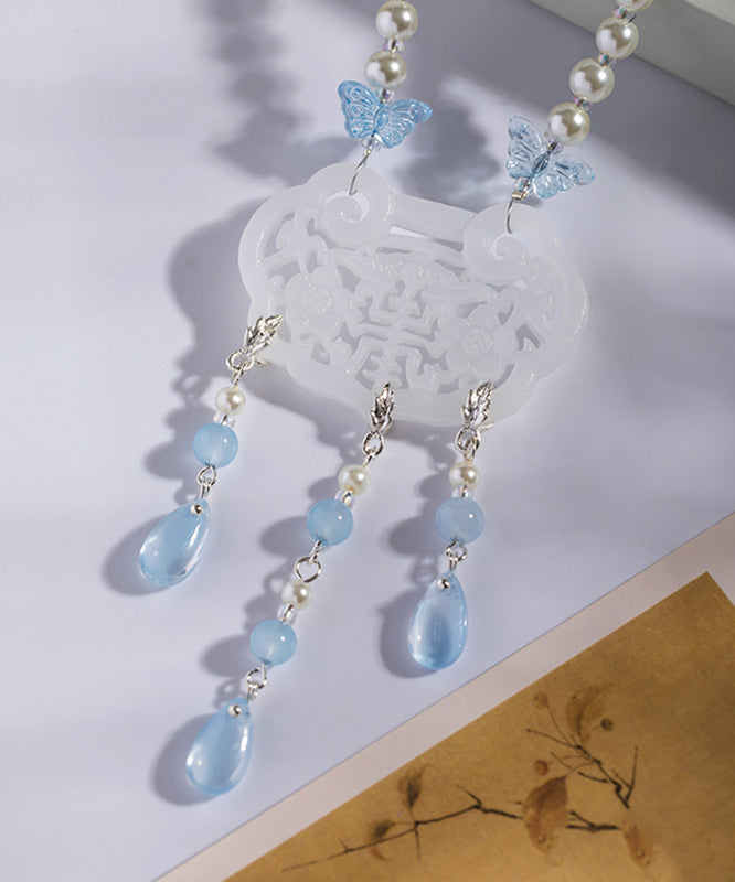 Retro Colorblock Copper Overgild Pearl Colored Glaze Resin Tassel Pendant Necklace