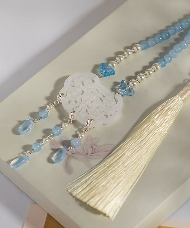Retro Colorblock Copper Overgild Pearl Colored Glaze Resin Tassel Pendant Necklace