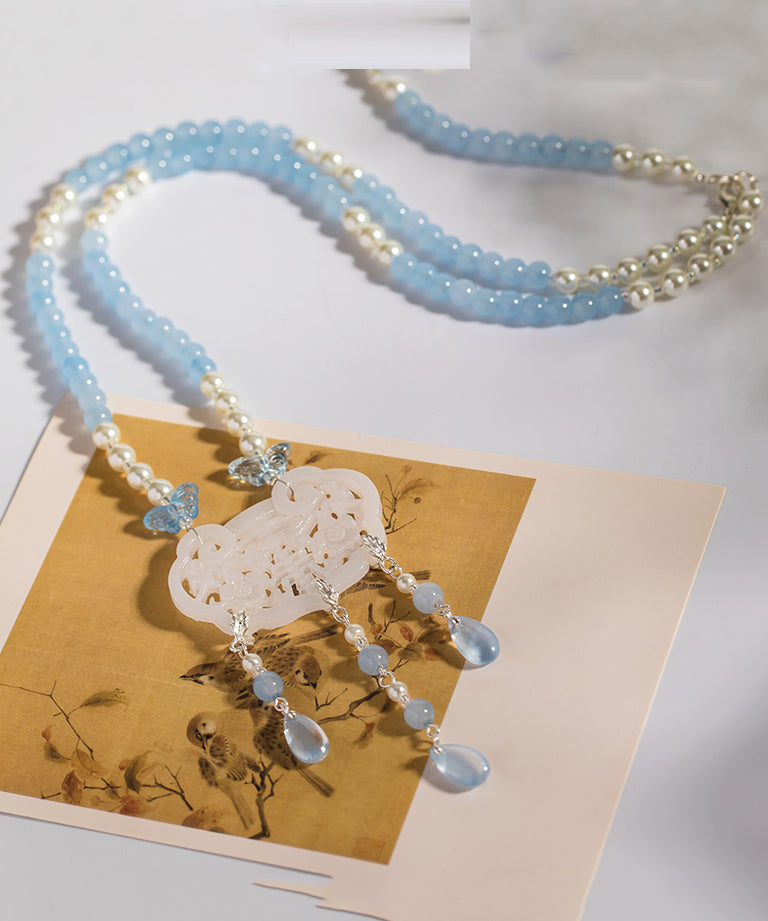 Retro Colorblock Copper Overgild Pearl Colored Glaze Resin Tassel Pendant Necklace