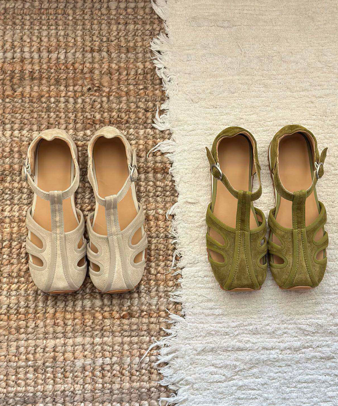 Retro Comfy Hollow Out Splicing Flat Sandals Green Suede