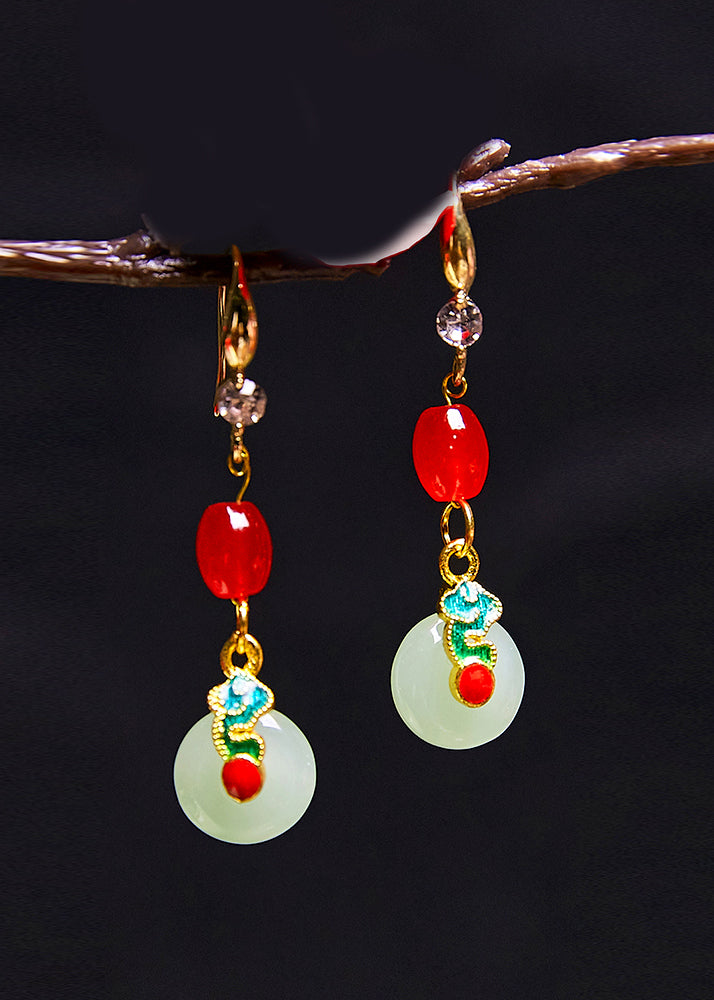 Retro Coral Catenation Zircon Fine Jade Drop Earrings - Omychic