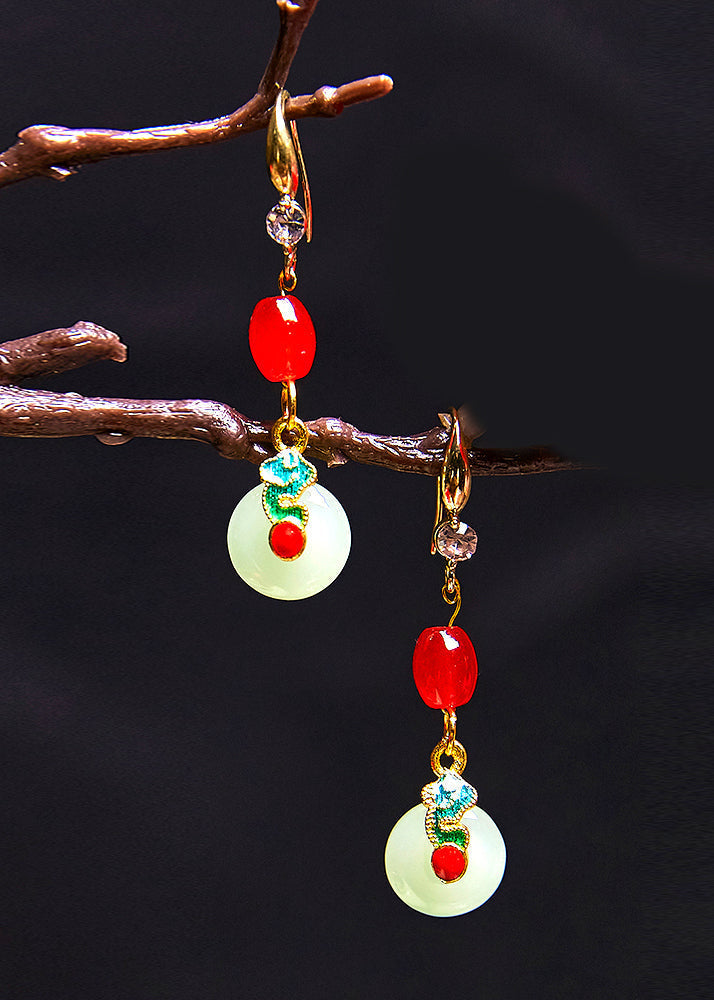 Retro Coral Catenation Zircon Fine Jade Drop Earrings - Omychic