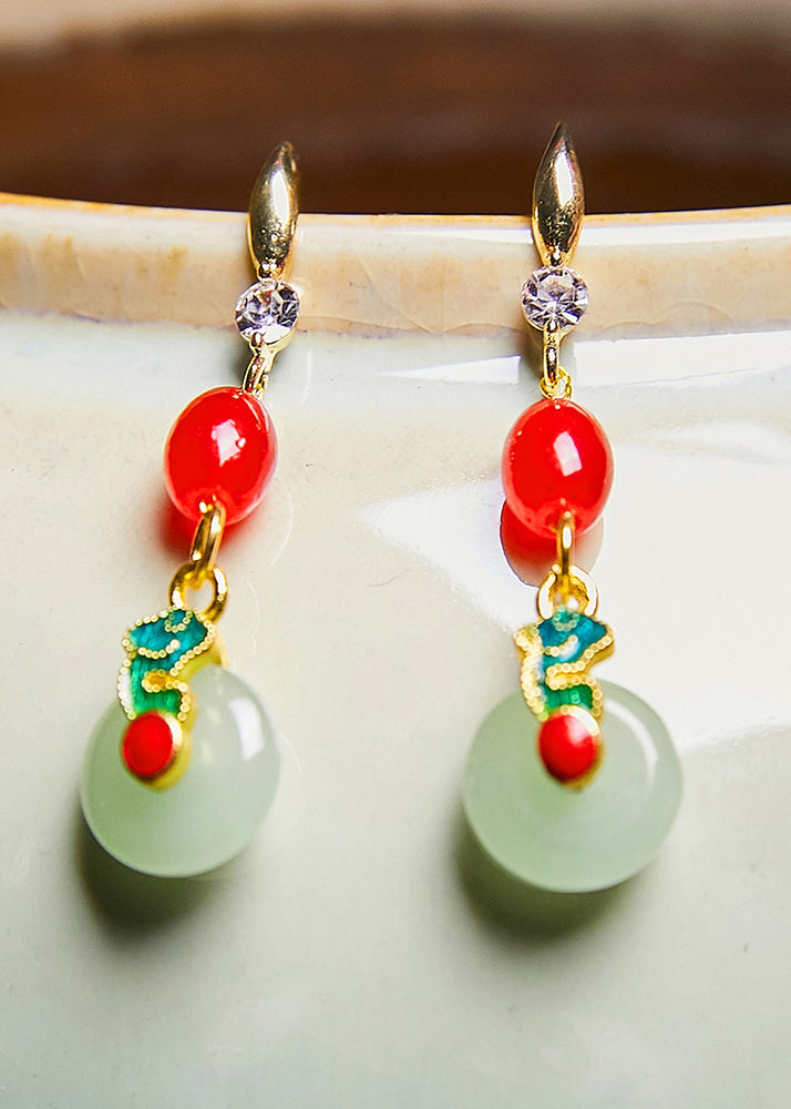 Retro Coral Catenation Zircon Fine Jade Drop Earrings - Omychic