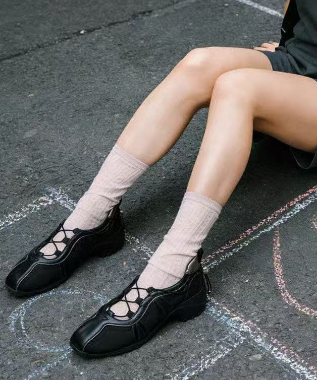 Retro Cross Strap Chunky Flat Shoes For Women Black Faux Leather
