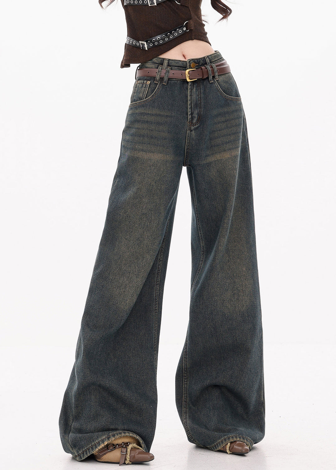 Retro Dark Blue Pockets High Waist Denim Wide Leg Pants Fall