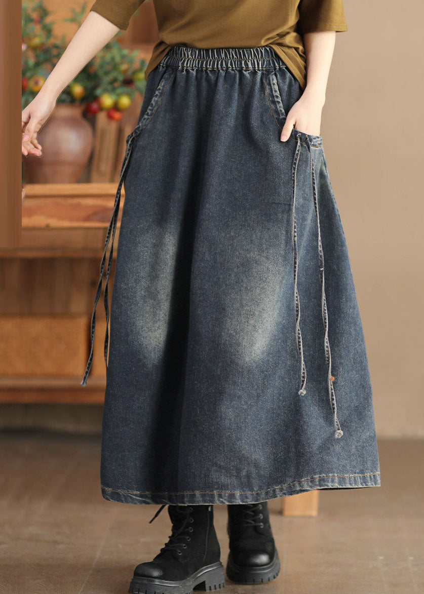 Retro Dark Grey Pockets Patchwork Denim Maxi Skirt Fall