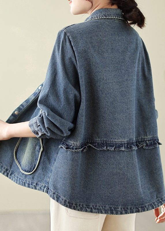 Retro Denim Blue Pockets Patchwork Coats Spring