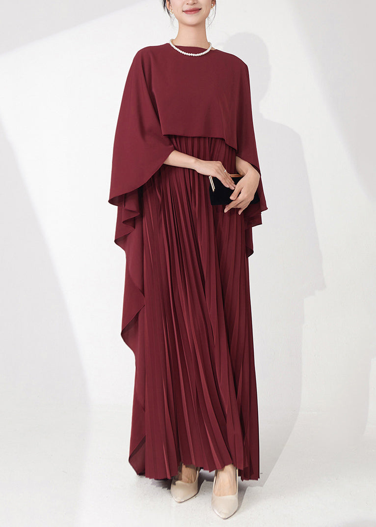 Retro Elegance Burgundy Cape-Style Pleated Dinner Gown Fall