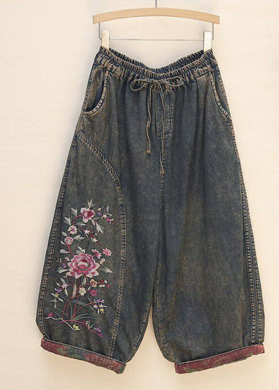 Retro Embroidered Floral Crop Jeans Summer
