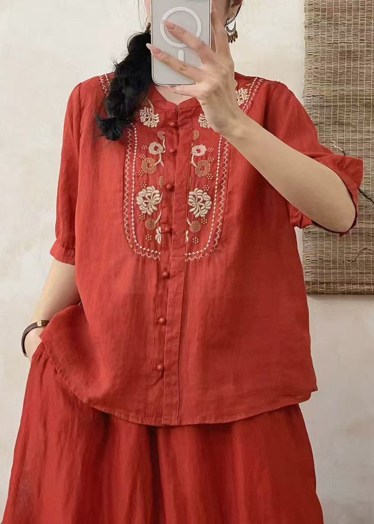 Retro Fitted Red O-Neck Embroidered Linen Shirts Summer