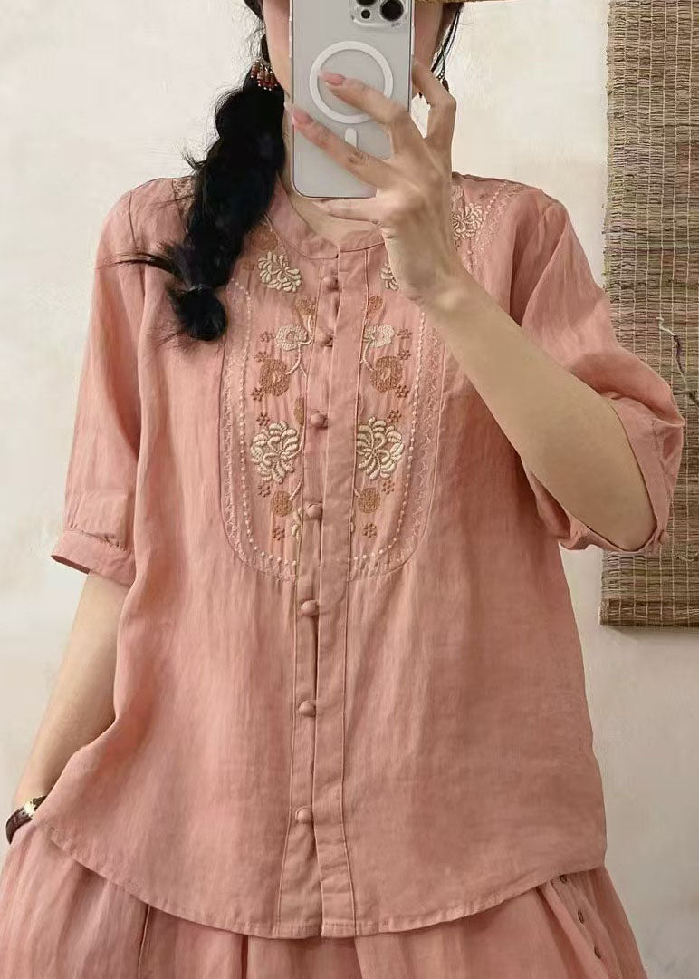 Retro Fitted Red O-Neck Embroidered Linen Shirts Summer