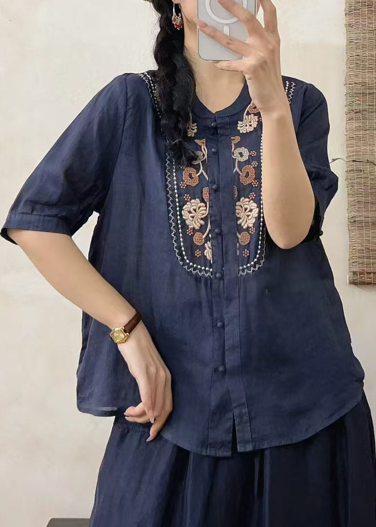 Retro Fitted Red O-Neck Embroidered Linen Shirts Summer