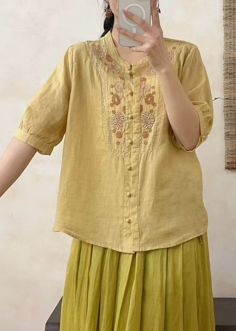 Retro Fitted Red O-Neck Embroidered Linen Shirts Summer