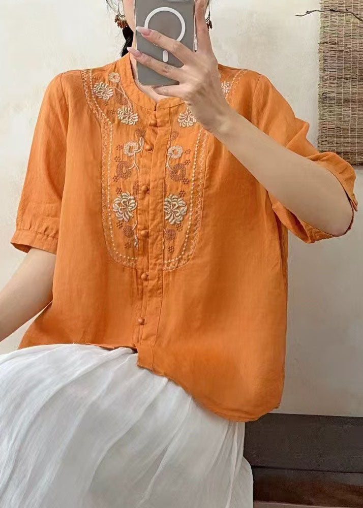 Retro Fitted Red O-Neck Embroidered Linen Shirts Summer