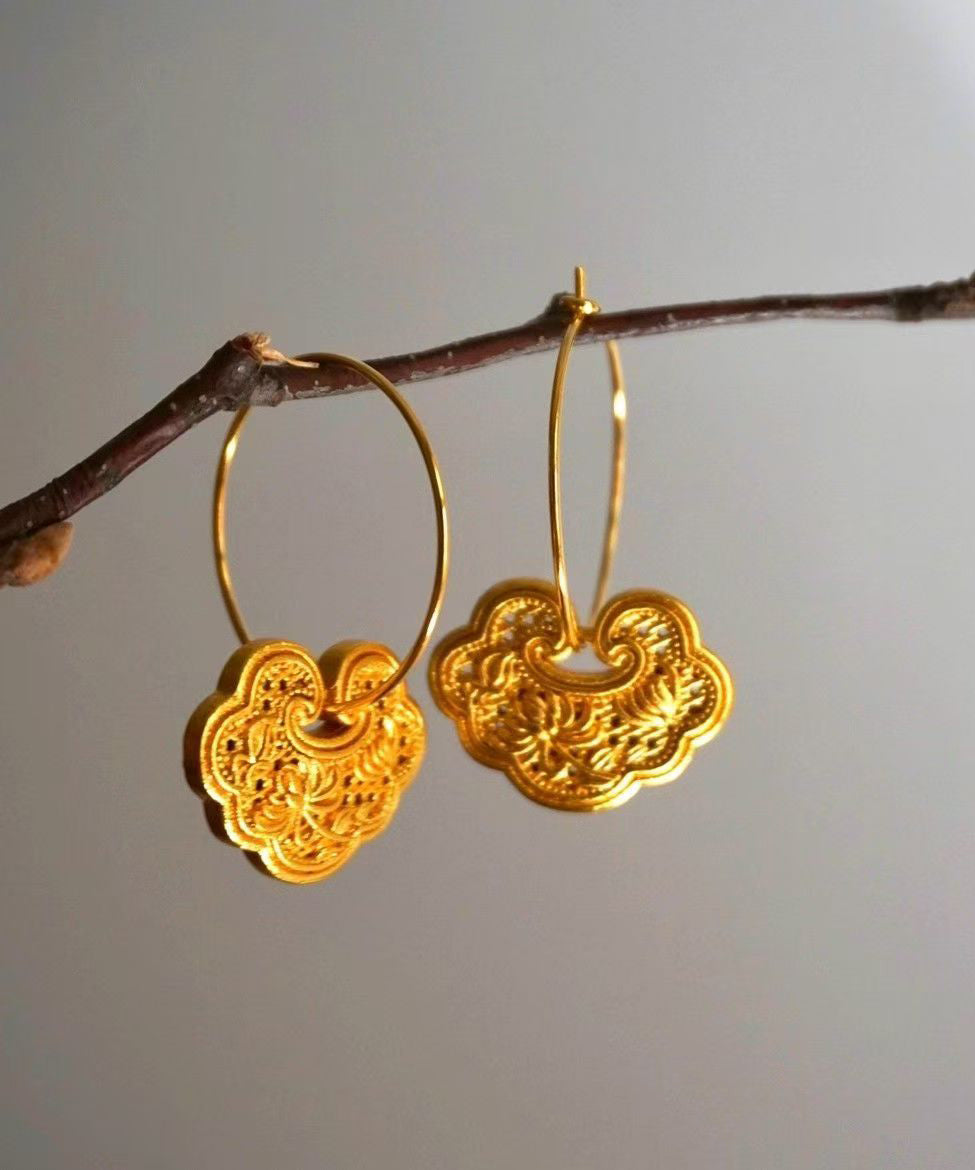 Retro Gold Alloy Safety Lock Hoop Earrings
