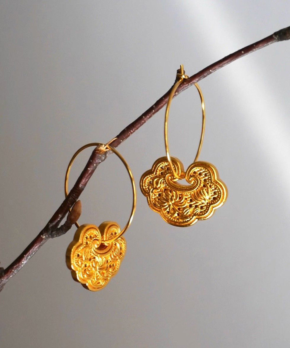 Retro Gold Alloy Safety Lock Hoop Earrings