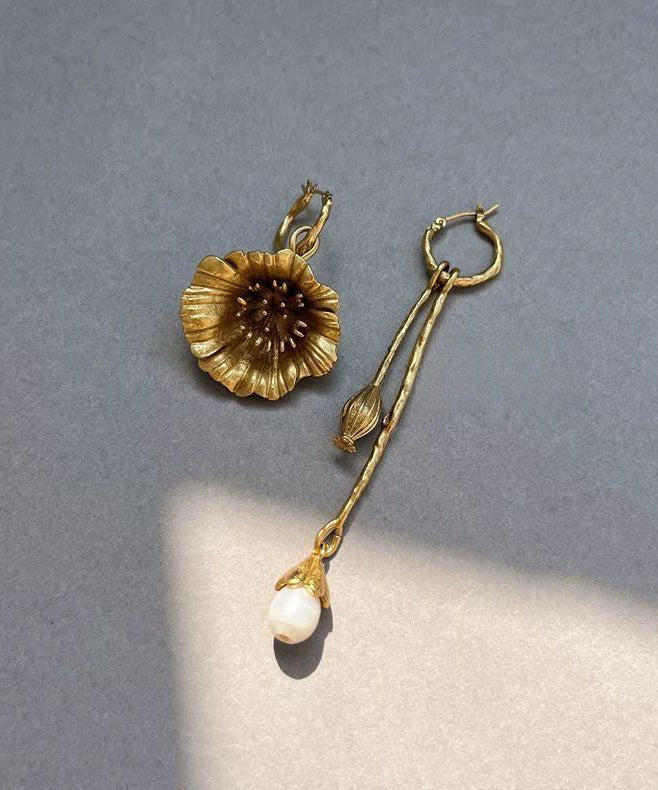 Retro Gold Copper Overgild Asymmetrical Pearl Floral Tassel Drop Earrings