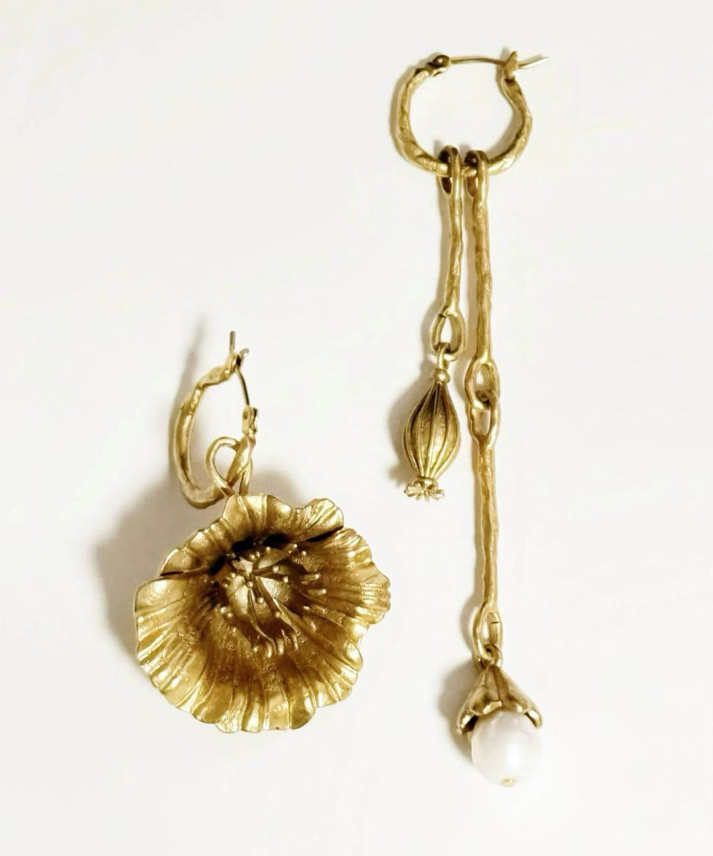 Retro Gold Copper Overgild Asymmetrical Pearl Floral Tassel Drop Earrings