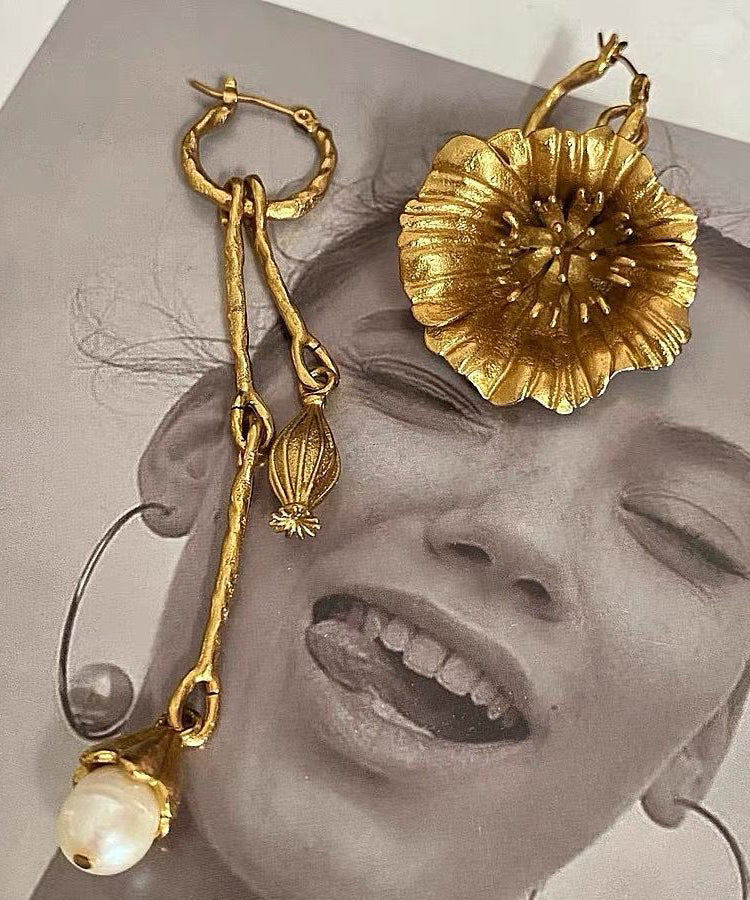 Retro Gold Copper Overgild Asymmetrical Pearl Floral Tassel Drop Earrings