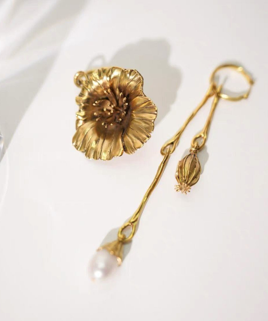 Retro Gold Copper Overgild Asymmetrical Pearl Floral Tassel Drop Earrings